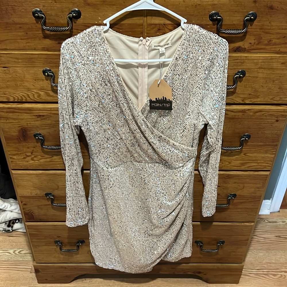 Long Sleeve Champagne Sequin Dress